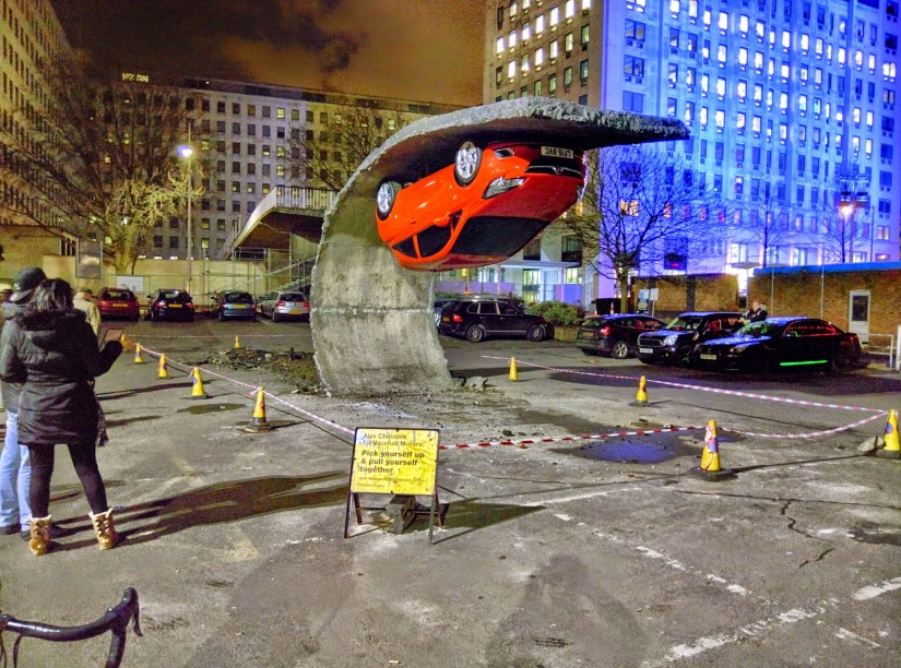 "Pick Yourself Up and Pull Yourself Together," Installation at London's South Bank by Alex Chinneck